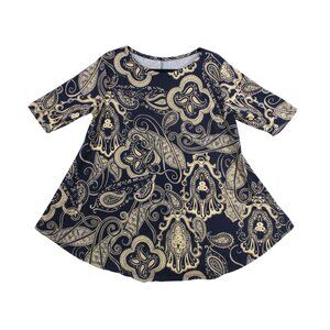 BOHO Tunic Dress By Firty Pink Navy & Beige Paisley Swing Half-Sleeve Size XL